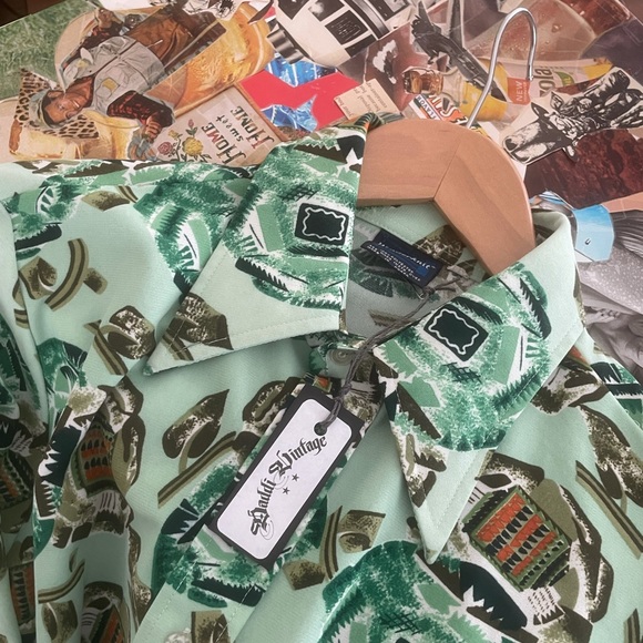 VNTG RETRO '70S WONDERKNIT L/S Brown & Celery-Green Button-Down - Picture 1 of 3